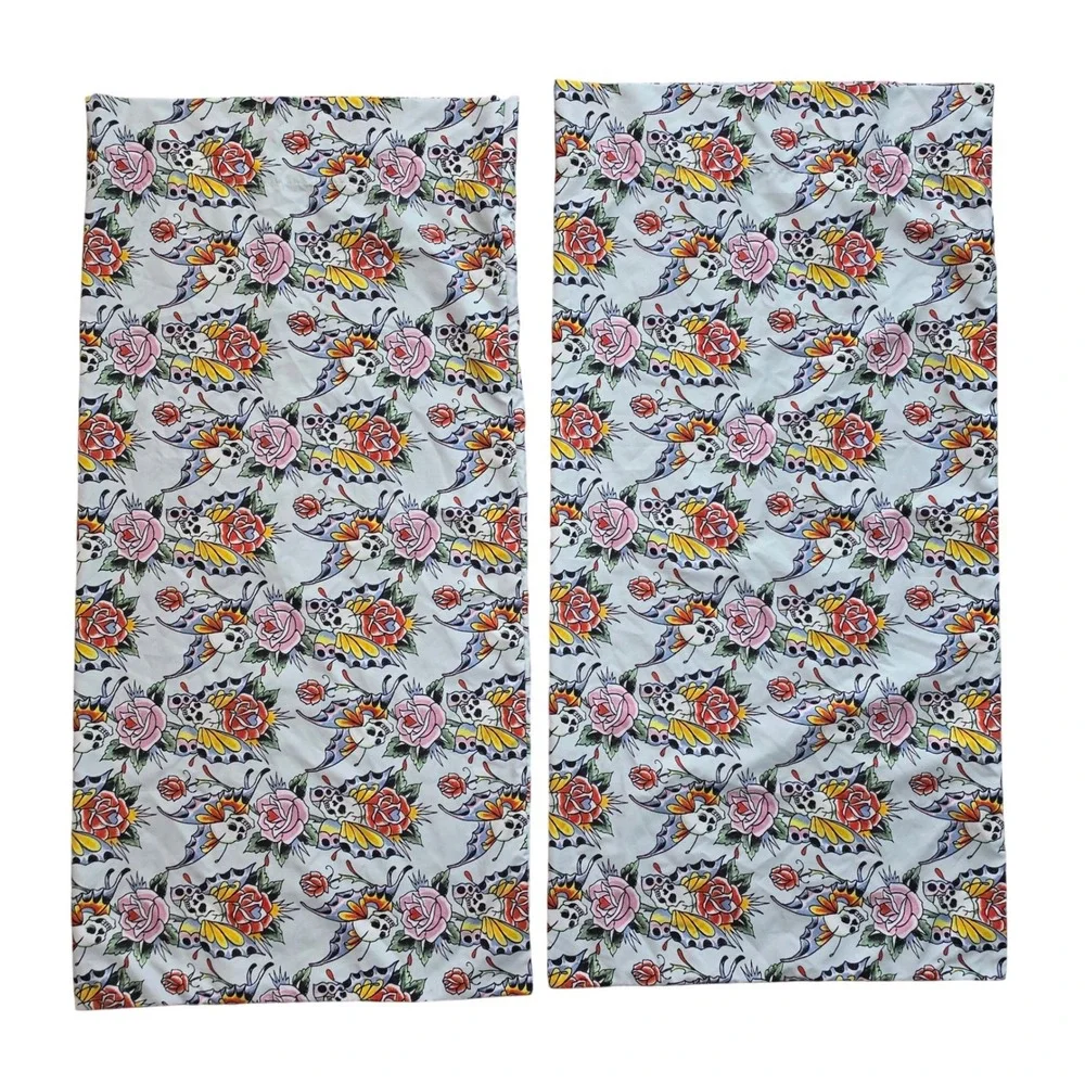 Ed Hardy Tattoo Print Pillowcase Set Butterfly Skull Rose Y2K Blue 2pc Standard
